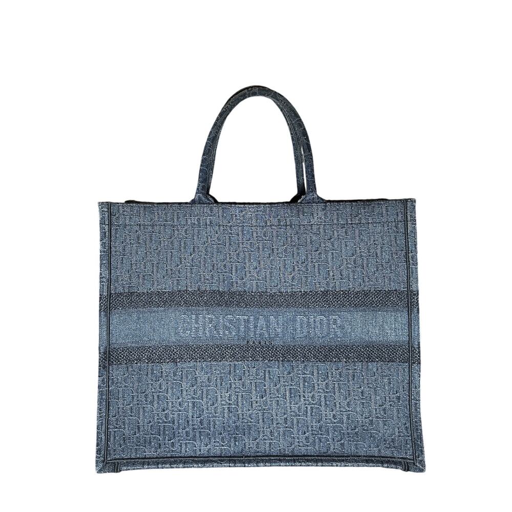 CHRISTIAN DIOR Blue Denim Oblique Jacquard Embroidered Large Book Tote Bag